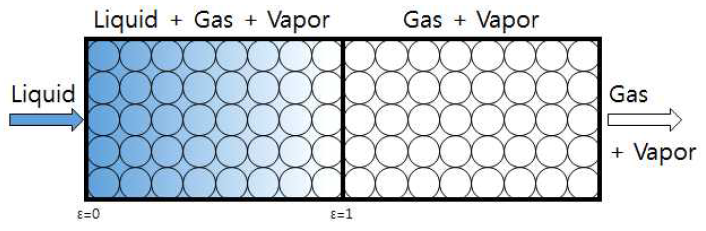 촉매 반응기 내의 이상유동 모델 개략도 (ε=0 : pure liquid, ε=1 : pure gas and vapor)