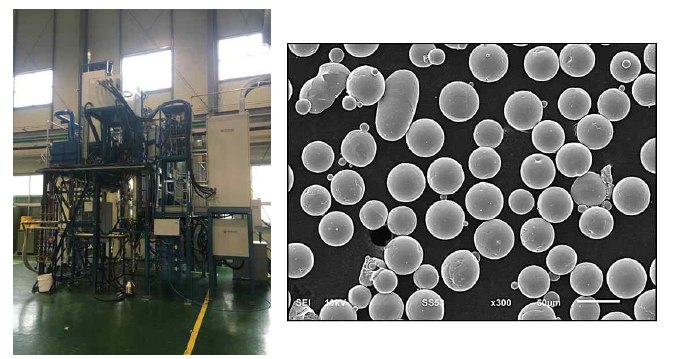 재료연구소에 설치된 Ti atomizer 외형 (좌), 장비를 이용해 제조한 CP-Ti 분말의 미세구조 (우)