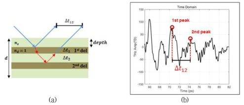 THz-TDS 시스템을 이용한 2단 박리 영역 분석 (a) 광경로 분석, (b) 웨이브 폼