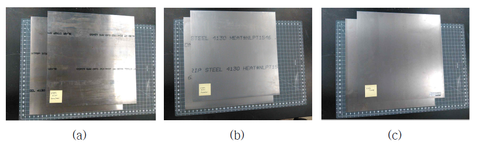 (a) Alloy steel 4130 normalized (24″× 24″× 0.04″), (b) Alloy steel 4130 annealed (24″× 24″× 0.04″), (c) Mild steel A366/1008 (24″× 24″× 0.0359″)