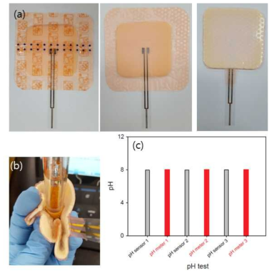 (a) 드레싱제와 결합된 pH센서의 사진 이미지, (b) 상용 pH미터와 pH센서의 pH 측정실험 사진 이미지, (c) 상용 pH미터와 pH 센서에서 측정된 pH 값 비교