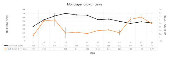 Caco-2 cell의 12주간 TEER value 측정을 통한 monolayer growth curve