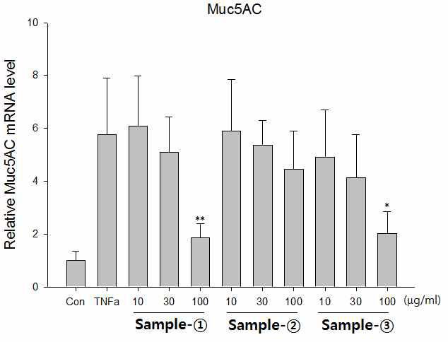 항염증성 표지인자인 Muc5AC 생성 억제 효능