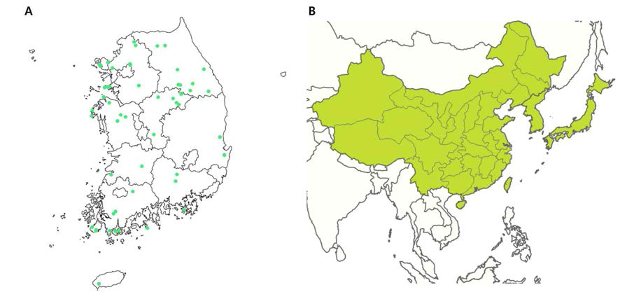 복숭아나무의 분포. A 국내 분포도, B. 온대 아열대지역에서 재배
