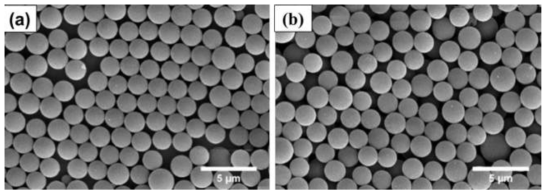 (a) 합성된 Polystyrene 입자와 (b) 18시간 sulfonation된 Polystyrene 입자의 SEM 이미지