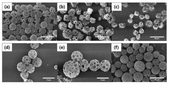 (a), (b), (c) 및 방사선 조사 (d), (e), (f) 전에 각각 2 시간, 5 시간 및 18 시간의 상이한 sulfonation 시간을 갖는 MMA에 의해 팽창 된 SPS / PMMA 다공성 미소 구의 SEM 이미지