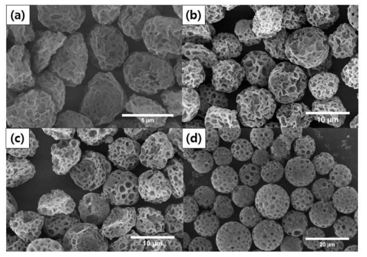 다른 팽창 시간 (a) 3 시간, (b) 6 시간, (c) 9 시간 및 (d) 24 시간 동안 MMA에 의해 팽창 된 감마 방사 된 다공성 중합체 입자의 SEM 이미지