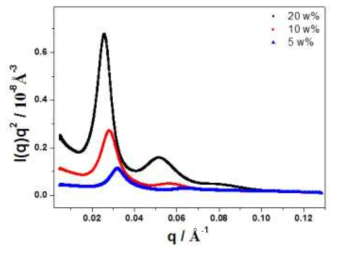 다른 농도로부터 형성된 PEO 하이드로겔 필름의 SAXS 패턴: Lorentz corrected pattern