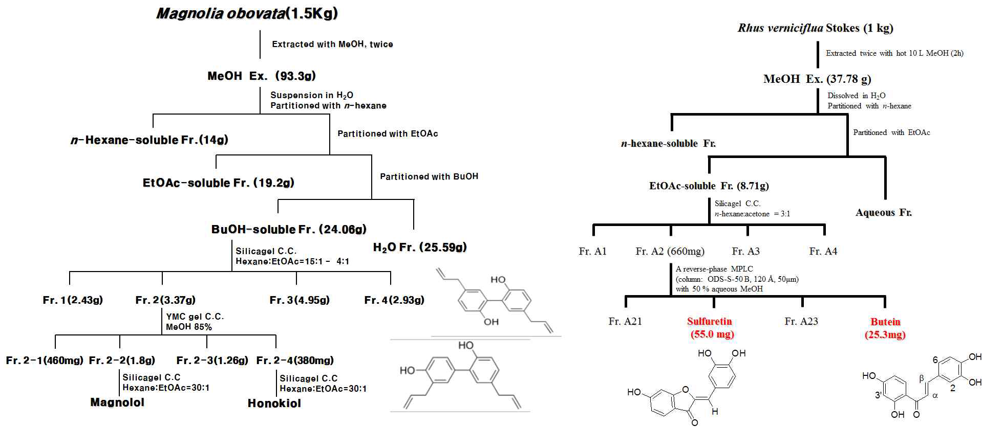후박으로부터 단일 화합물 2종(왼쪽)과 옻나무로부터 단일 화합물 2종(오른쪽) 분리연구 방법