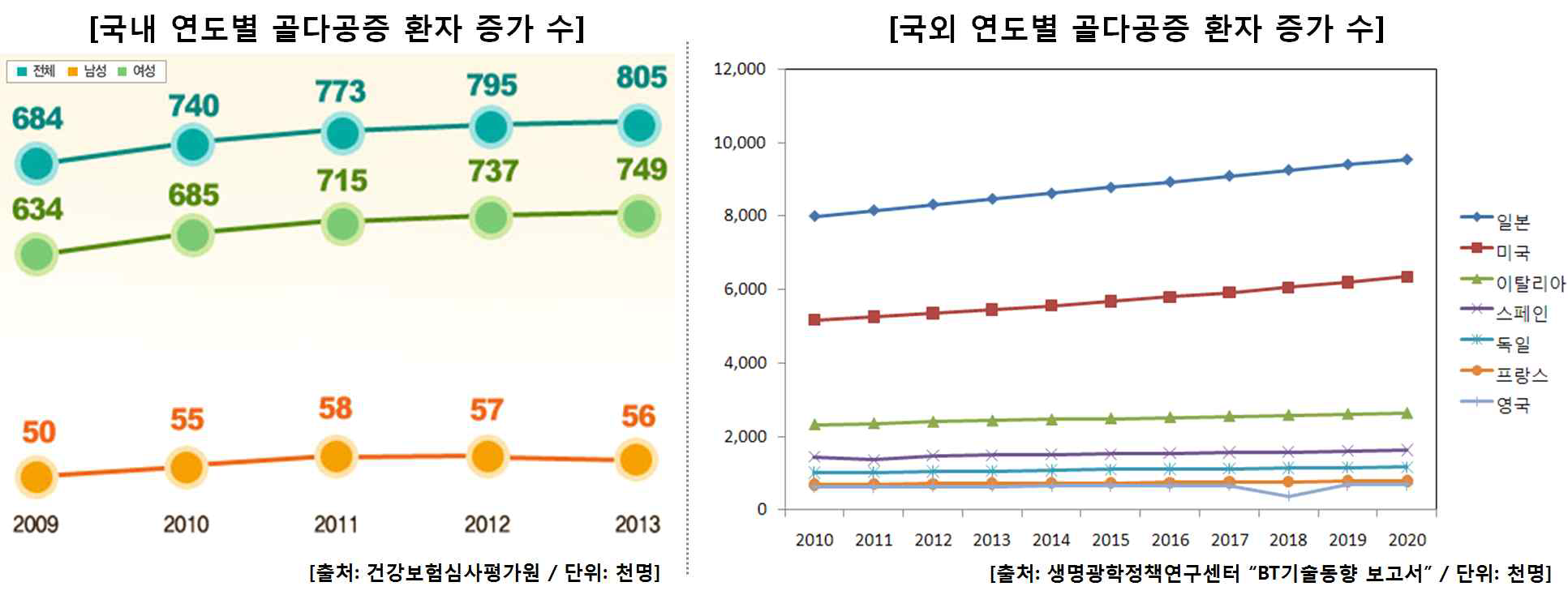 국내외 연도별 골다공증 발병 환자 증가 수