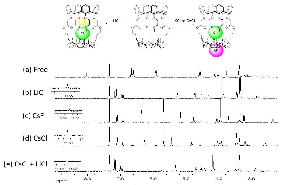 세슘염과 리튬염의 존재하에서 측정한 1H NMR 스펙트럼 및 이온쌍 수용체 5와 CsCl 과 LiCl의 서로 다른 결합 모드