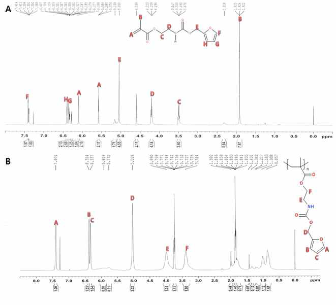 Furan기를 가지는 (a)단량체와 (b)고분자의 1H-NMR spectra