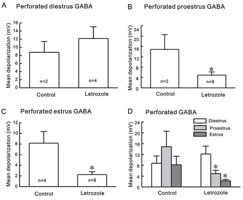 생리주기별 정상 군과 PCOS 군에서 GABA에 의한 막전압 반응성 비교
