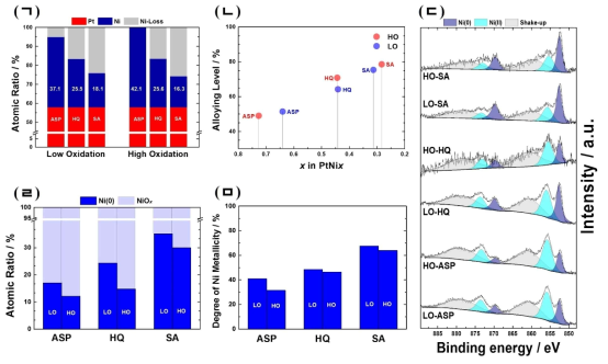 상대적으로 높은(HO, high oxidation) 산화도와 낮은(LO, low oxidation) 산화도를 가진 두 종류의 백금-니켈 합금 나노입자와 각각을 하이드로퀴논(HQ)과 황산수용액(SA)으로 니켈 침출시킨 시료들에 대한 다양한 분석결과. (ㄱ) ICP-MS 분석 결과. (ㄴ) 분말회절 패턴과 ICP-MS 결과로부터 Vegard’s law를 가정한 합금도 계산 결과. (ㄷ) 1486.6eV 에너지로 얻어진 니켈 2p core-level spectra 와 fitting 결과. (ㄹ) (ㄷ) spectra 의 fitting 결과에 따른 Ni(0) 와 NiOx 의 원자비율 결과. (ㅁ) 니켈 X-ray absorption near-edge structure의 선형결합 fitting을 통해 얻어진 Ni(0)의 원자비율 결과