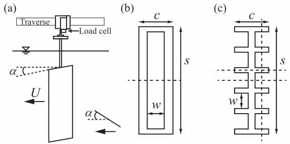 (a) 실험 모식도, (b) 하나의 갭을 갖는 날개 모델, (c) Comb-like wing 모델