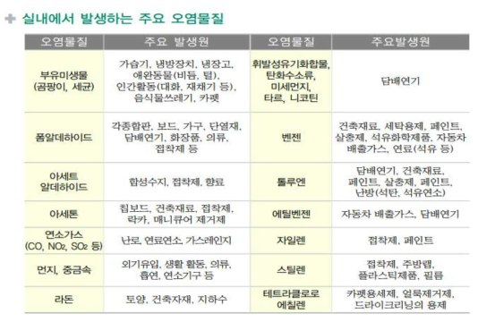 실내 공기오염 물질들