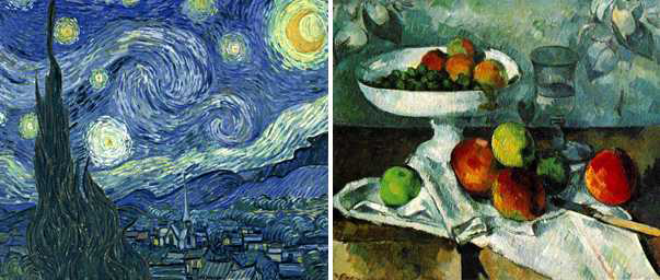 미술작품 선별: 별이 빛나는 밤(좌), 과일그릇, 유리잔 그리고 사과(우)