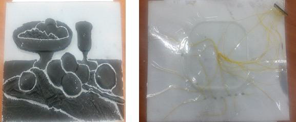 개발 과정: conductive paint 칠해진 미술작품(좌), wire 배선(우)