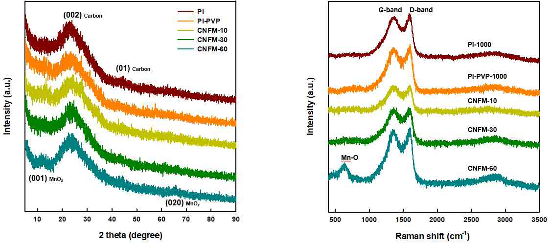 이산화망간이 코팅된 탄소나노섬유의 XRD 및 라만 분석