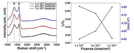 다양한 이온빔 조사량에서 조사 후 탄화를 통해 형성된 전도성 박막의 라만 스펙트럼