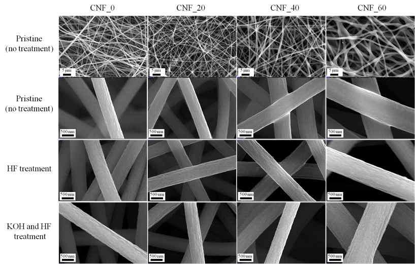 0-60 wt% POSS 함량을 갖는 POSS/POSS 전구체로부터 제조된 탄소나노섬유 멤브레인과 HF 또는 KOH/HF 활성화 처리된 탄소나노섬유 멤브레인의 SEM 사진