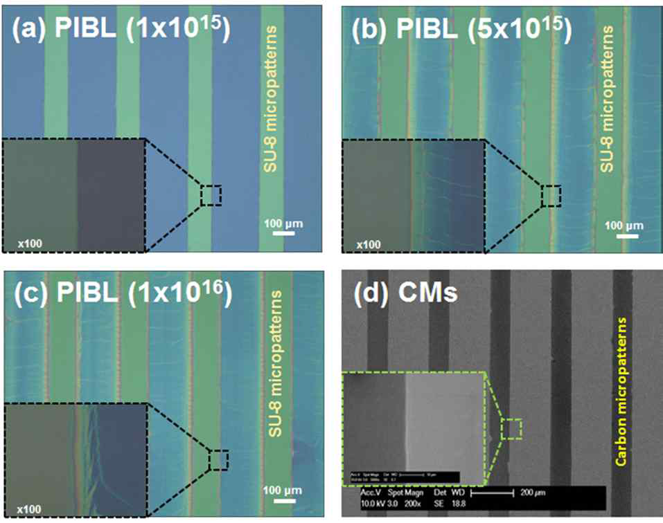 SU-8 미세패턴 제조 시 이온빔 조사량 별 이미지 (a) 1 x 1015 ions/cm2, (b) 5 x 1015 ions/cm2, (b) 1 x 1016 ions/cm2와 (d) 이온빔 조사(1 x 1015 ions/cm2) 와 탄화를 이용하여 제조한 탄소 미세패턴의 이미지