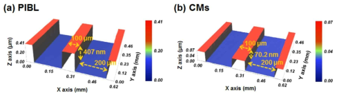 SU-8 미세패턴(PIBL)과 탄소 미세패턴(CMs)의 3차원 현미경 이미지