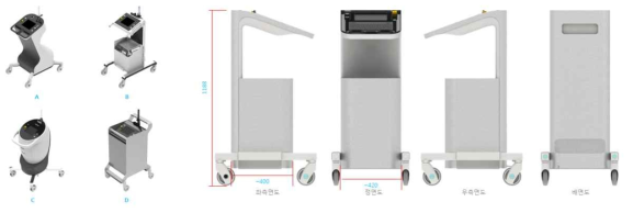 여러 디자인 시안(좌) 및 X-선 근접치료장비 2차 디자인 최종안(우)