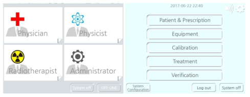 X-선 근접치료기기 구동시스템 소프트웨어 시작화면(좌) 기능 구분 화면(우)
