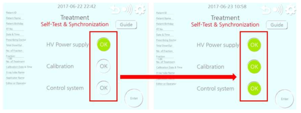 X-선 근접치료기기 구동시스템 기기점검 중(좌) 점검 완료(우)
