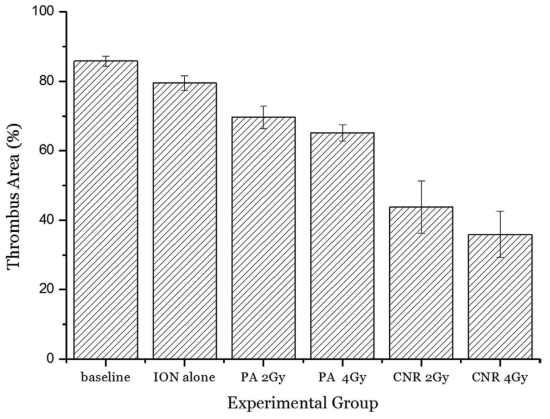 Average thrombus area measured at 7 days after treatment from the following treatment groups: baseline; untreated thrombosis mice as a basic control, IONs alone; thrombosis mice given only Fe3O4 nanoparticles, PA 2 Gy or 4 Gy; thrombosis mice given only proton irradiation with a plateau dose of 2 Gy or 4 Gy without nanoparticles, and CNR 2 Gy or 4 Gy; thrombosis mice given nanoparticles and proton irradiation with a plateau dose of 2 Gy or 4 Gy