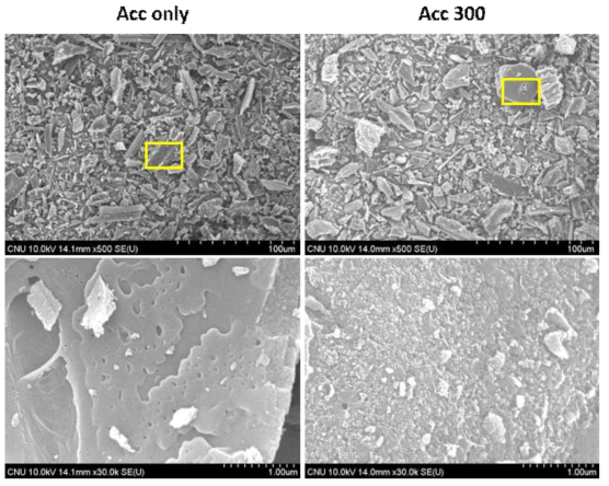 SEM images of activated carbon before and after heat treatment at 300℃