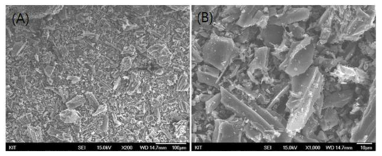 SEM micrographs observed with the activated carbon: (×200) of (A) and (×1,000) of (B)