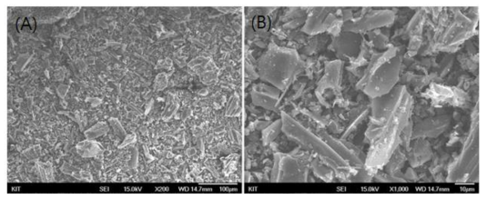 SEM image of activated carbon purchased from Eulim Co., Ltd.(A: x200; B: x1,000)