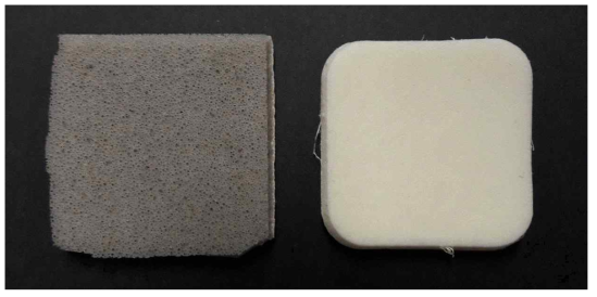 Images of anti-bacterial PU foam dressing (left) and commercial PU foam dressing (right)