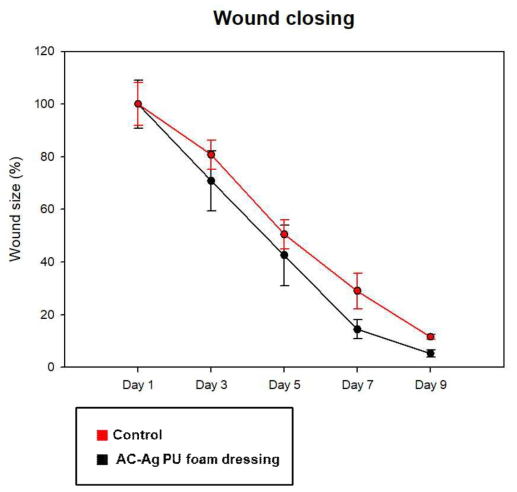 Wound size change for 9 days of animal study (Red line: commercial PU foam dressing; Black line: anti-bacterial PU foam dressing)