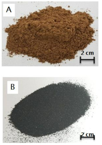 Images of (A) the extracted lignin and (B) the lignin-based activated carbons irradiated at 500 kGy