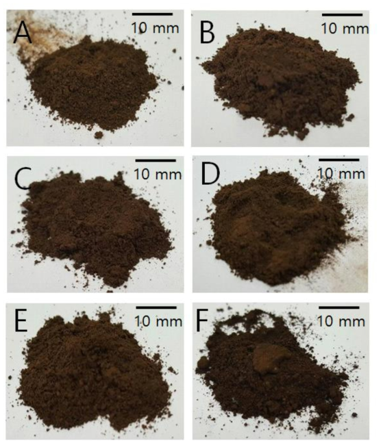 Images of (A) the extracted lignin and (B~F) the lignin irradiated at 100, 200, 300, 500, 1000 kGy