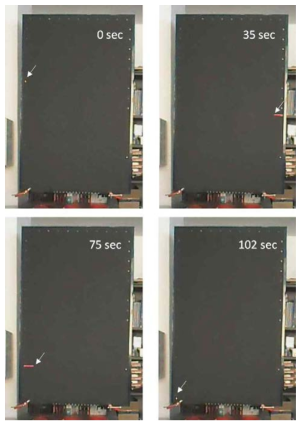 Scanning imaging of test plate were captured at (a) 0 sec, (b) 35 sec, (c) 75 sec , and (d) 102 sec