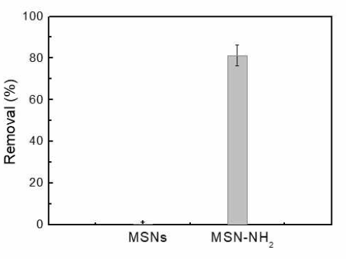 MSN-NH2와 MSN-Ph를 사용하여 3시간 경과 후 SDBS 수용액내 SDBS의 분리 효율 비교