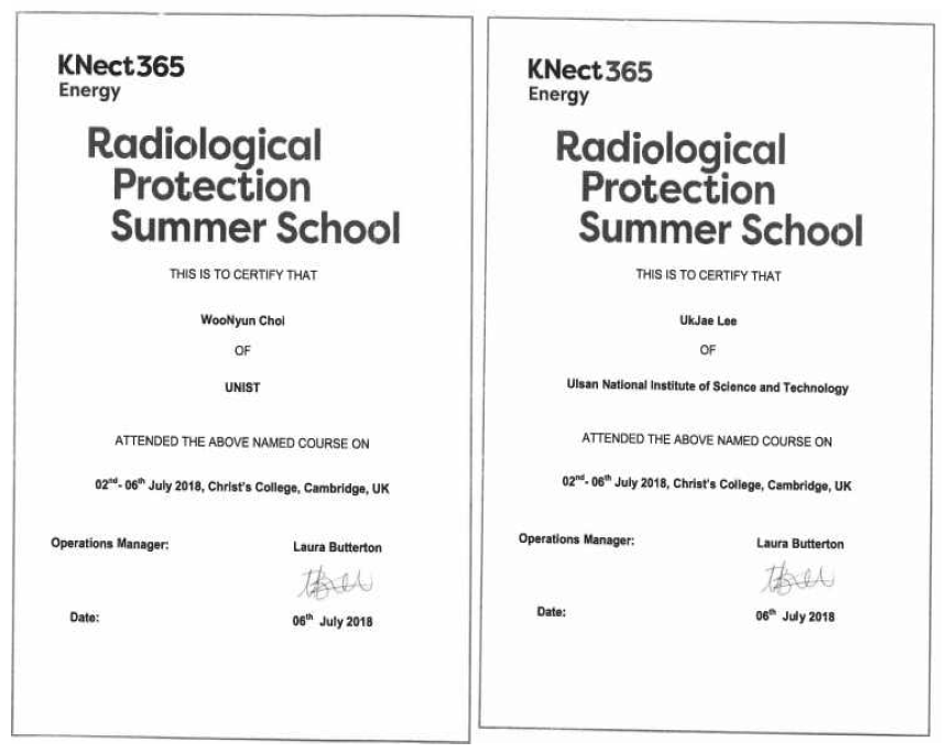 Radiological Protection Summer School 수료증(이욱제, 최우년)