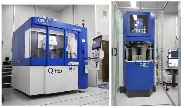 (a) MRF finishing machine (QED, Q-flex 300), (b) Sub-aperture stitching interferometer (QED, ASI(Q))