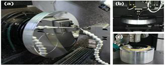 (a) Machining setup, (b) form measurement of off-axis aspheric mirror, (c) roughness measurement of convex aspheric mirror