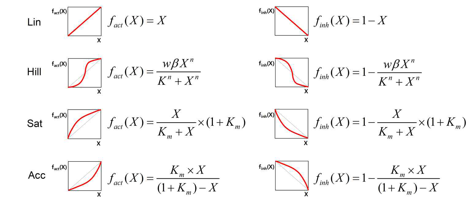 핵심 심근세포 신호전달네트워크에 대한 표준화 미분방정식 모델에 사용된 선형(Linear; Lin), 힐형(Hill), 포화형(Saturating; Sat), 가속형(Accelerating; Acc) 등 4가지의 미분방정식 형태