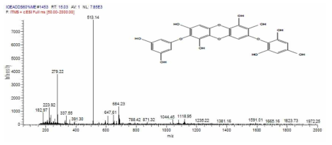 패로부터 분리한 Diphloretholhydroxylcarmalol (DPHC)의 화학구조식 및 분자량