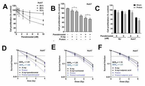(A, B, C) MTT assay를 통한 panobinostat의 정상세포인 BJ 세포 대비 간암세포주인 Huh7에 방사선 감작 효과 확인. (D, E, F) Panobinostat의 양성자 감작 효과 vorinostat, valproic acid와 비교