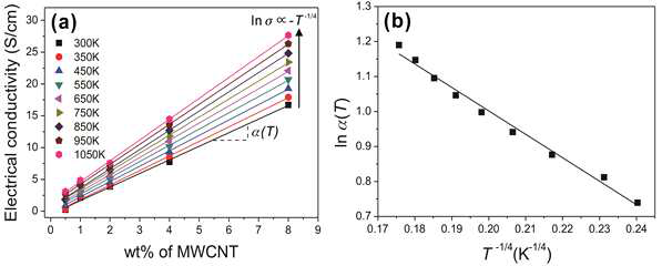 (a) 다중벽 탄소나노튜브의 양에 따른 나노복합체의 전기전도도 (b) 기울기 α(T)의 온도의존성