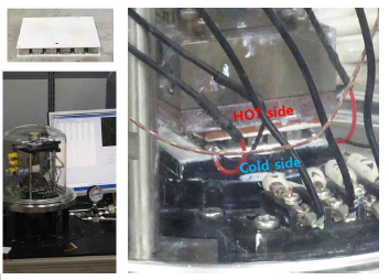 (좌상) 상기의 공정으로 제작된 열전모듈, (좌하) 열전발전출력평가장치 및 (우) 본 장치의 확대 사진