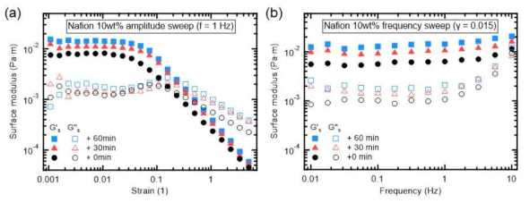 Nafion 10wt% 수용액의 용매 증발에 따른 계면 유변학적 물성 측정 (a) amplitude sweep (b) frequency sweep