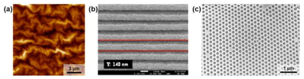 (a) PUA 고분자 박막 위에 백금을 증착하여 제작한 미세 틈새 구조의 원자간력현미경(AFM) 이미지[크기:15 μm × 15 μm]. (b) PUA를 이용하여 제작한 DFB 구조의 주사전자현미경(SEM) 이미지. 라인 패턴의 주기를 140nm로 디자인하였다. (c) PUA를 이용하여 제작한 3차원 역오팔 구조의 주사전자현미경(SEM) 이미지